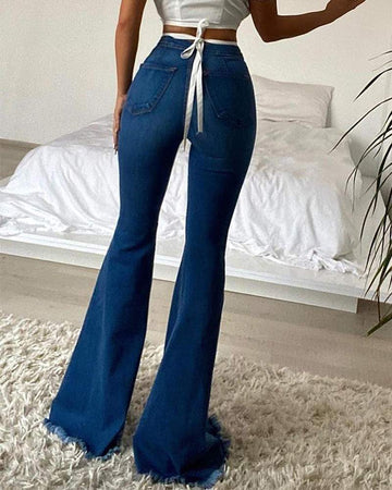 Fashionable Crop Top, High Waist Flared Jeans