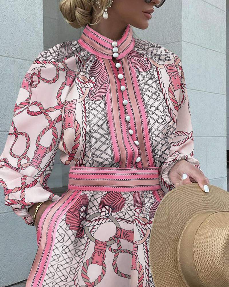 Chain Print Button Front Long Sleeve Top Shorts Set