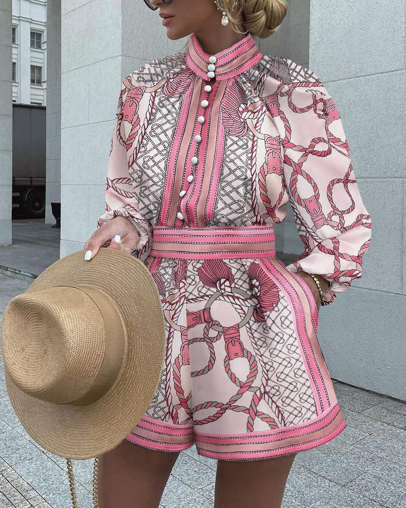 Chain Print Button Front Long Sleeve Top Shorts Set