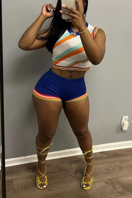 STRIPED CROCHET CROP TANK TOP AND SHORTS SET