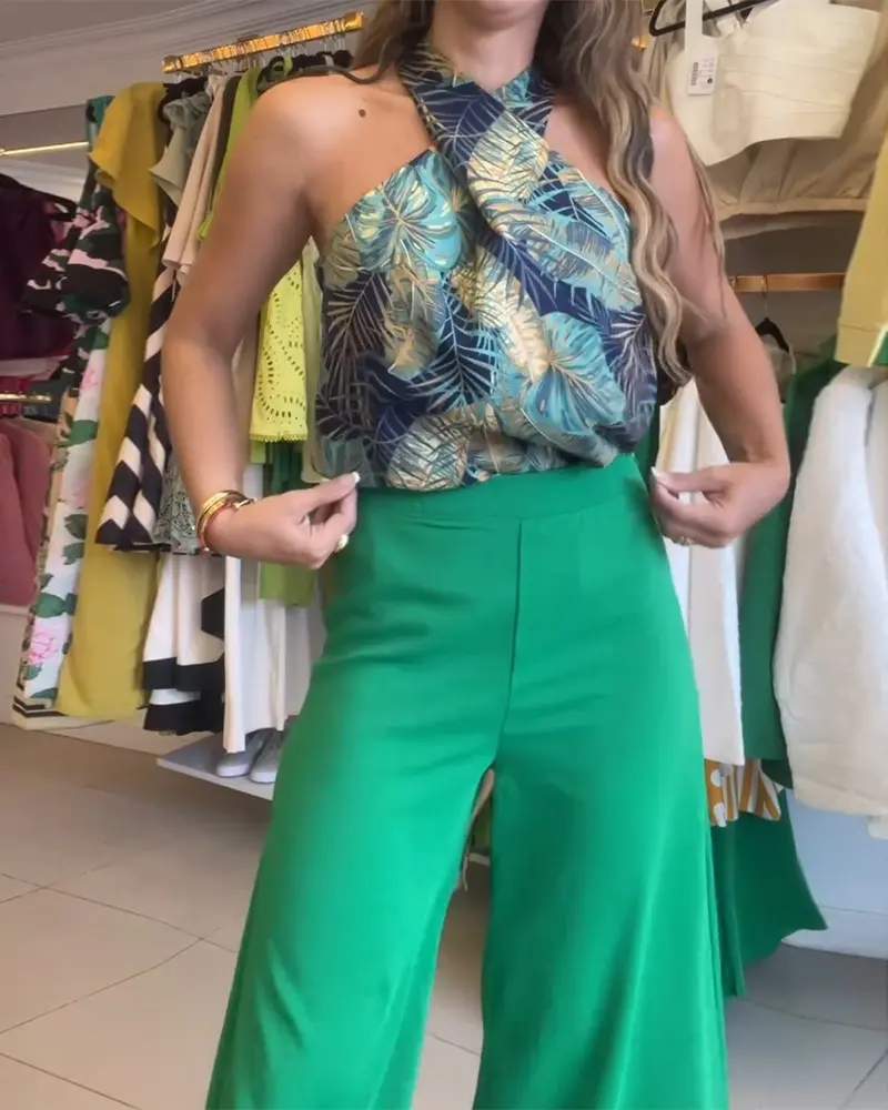 TROPICAL LEAF PRINT SLEEVELESS TOP WIDE LEG PANTS SET