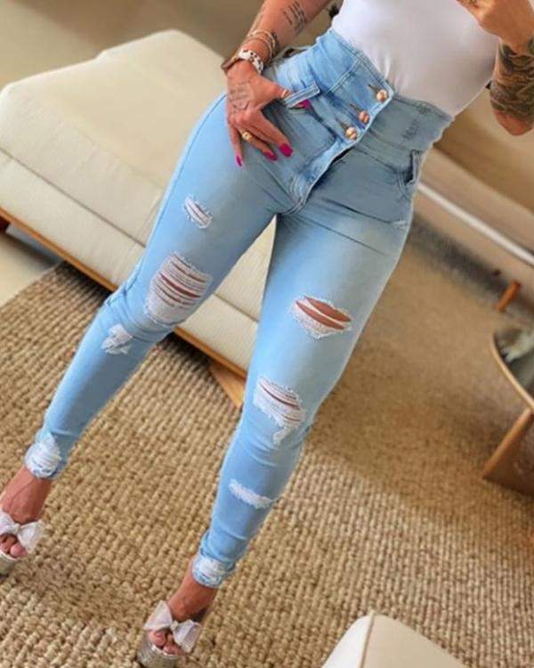 Distressed Skinny Jeans with Button-Up Design