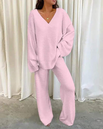 V NECK LONG SLEEVE CASUAL TOP PANTS SET