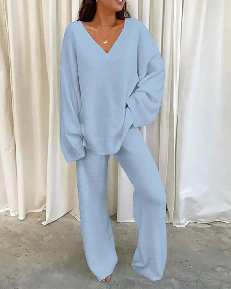 V NECK LONG SLEEVE CASUAL TOP PANTS SET