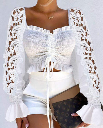 Plain Contrast Lace Flared Sleeves Frill Hem Drawstring Shirred Crop Top