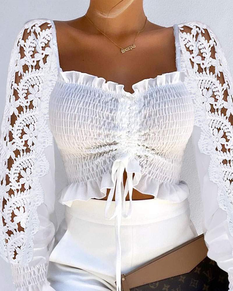 Plain Contrast Lace Flared Sleeves Frill Hem Drawstring Shirred Crop Top