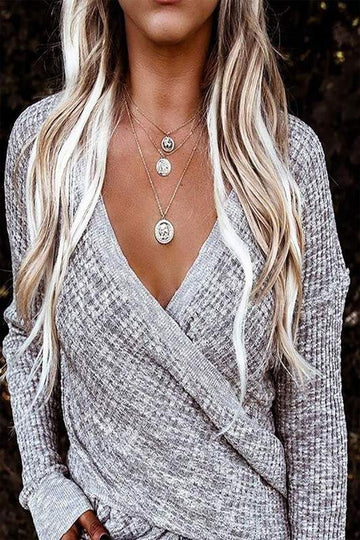 DEEP V NECK OVERLAY LONG SLEEVE CASUAL TOP