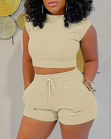 CAP SLEEVE CROP TOP DRAWSTRING POCKET DESIGN SHORTS SET