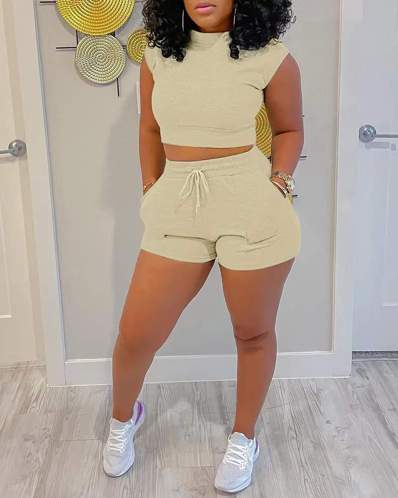 CAP SLEEVE CROP TOP DRAWSTRING POCKET DESIGN SHORTS SET