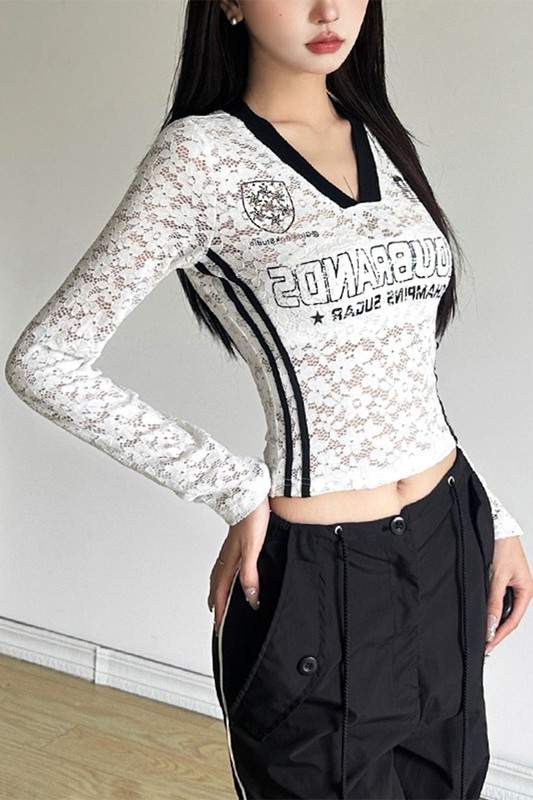 SHEER LACE V NECK JERSEYS