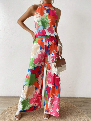 Floral Halter Neck Wide Leg Jumpsuit
