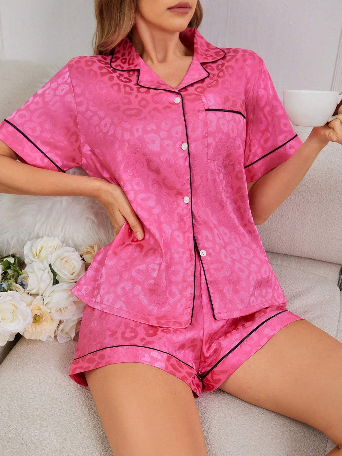 LEOPARD JACQUARD CONTRAST PIPING SATIN BLOUSE SHORTS PJ SET