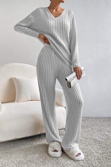 RIBBED KNIT V NECK SLOUCHY TWO PIECE OUTFIT