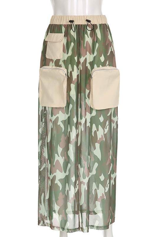 DRAWSTRING CAMO CARGO SKIRT
