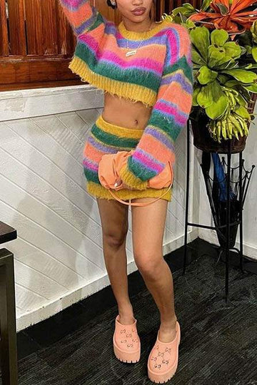 LONG SLEEVE RAINBOW TOP AND SKIRTS SET