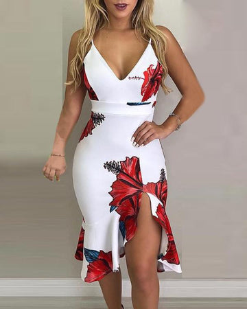 Floral Dress, White Elegant V-Neck Dress