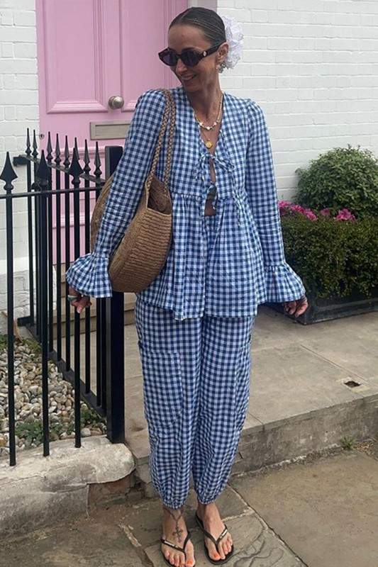 PLAID TIED TOP AND PANTS SET