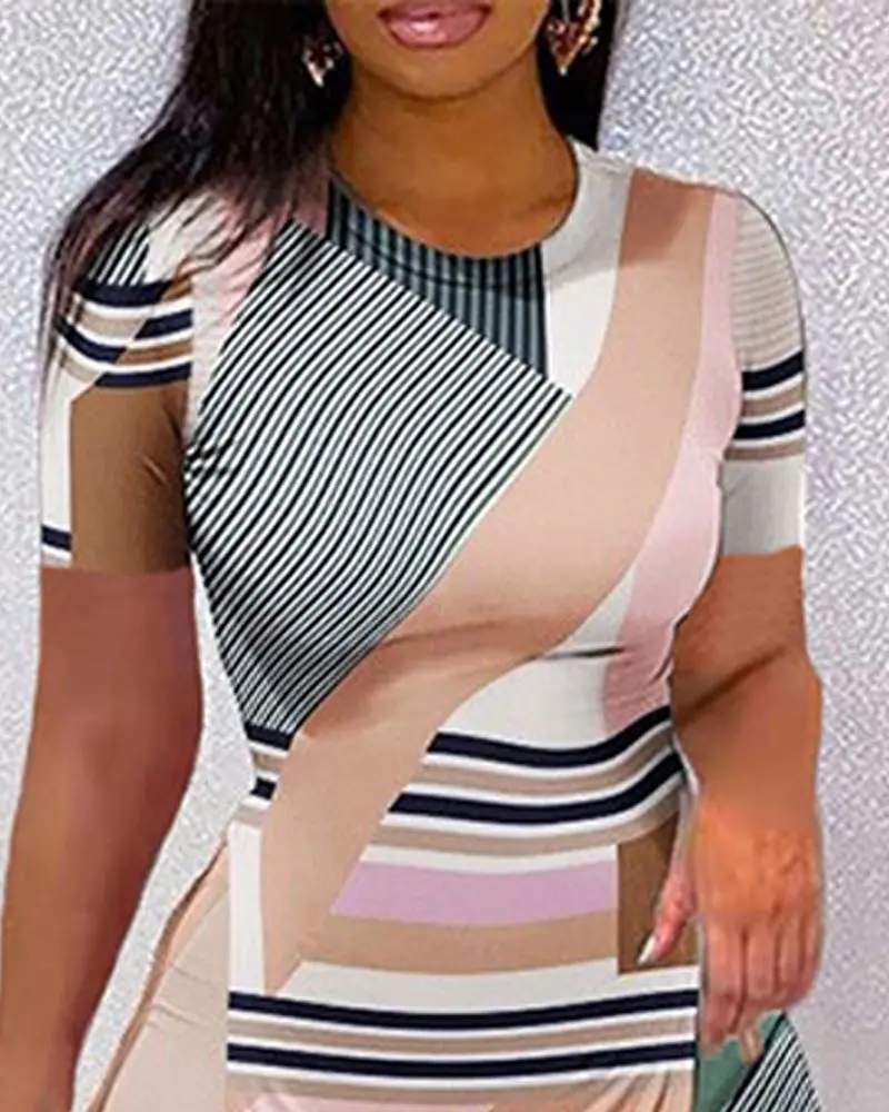 GEOMETRIC PRINT SPLIT HEM TOP SHORTS SET