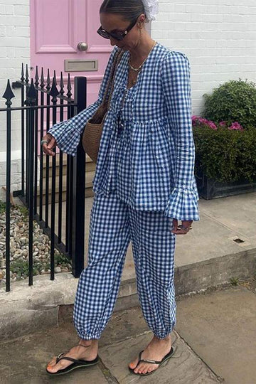 PLAID TIED TOP AND PANTS SET