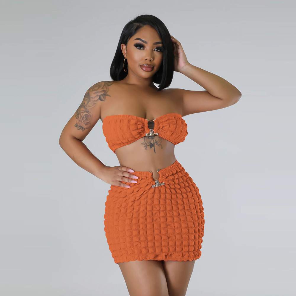 Bubble Dress Sets Women Sexy Strapless Crop Top and Bodycon Skirt Two Piece Sets