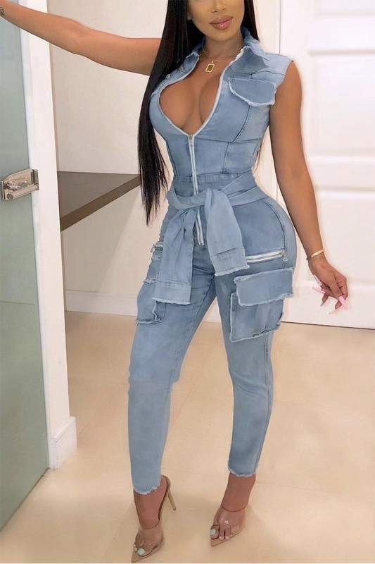 DENIM POCKET BELTED JUMPSUIT