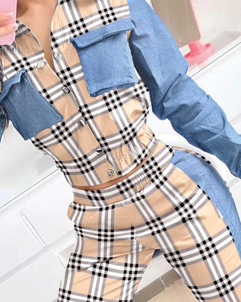 PLAID PRINT PATCHWORK BUTTONED SHIRT HIGH WAIST PANTS SET