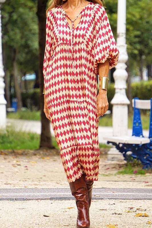 PRINT THREE QUARTER PUFF SLEEVE MAXI DRESS