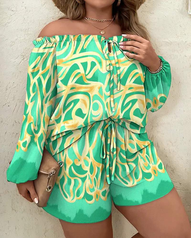 PLUS SIZE ABSTRACT PRINT OFF SHOULDER TOP DRAWSTRING SHORTS SET
