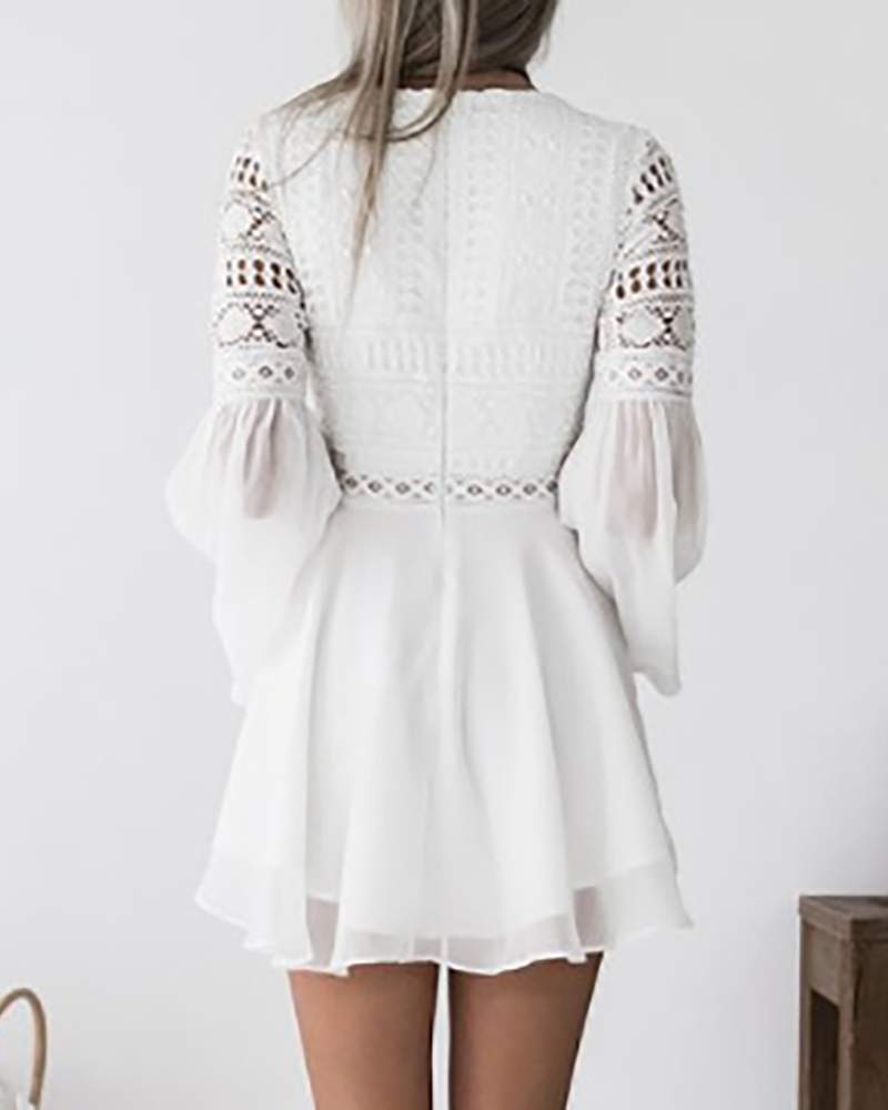 Hollow Out Lace Strappy Bell Sleeve Casual Dress