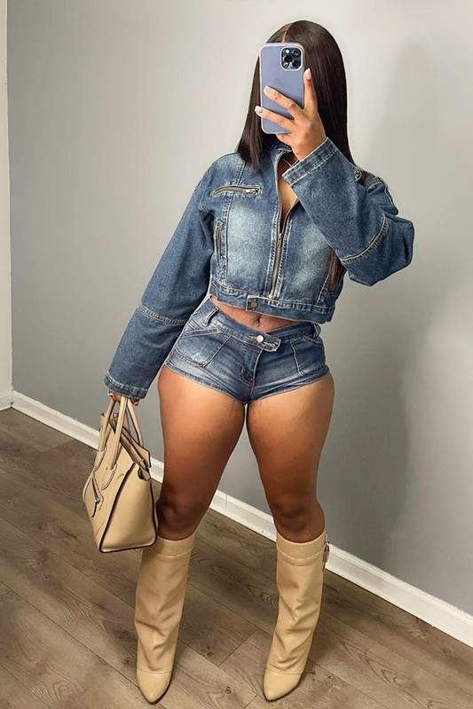 DENIM ZIP UP JACKET AND SHORTS SET