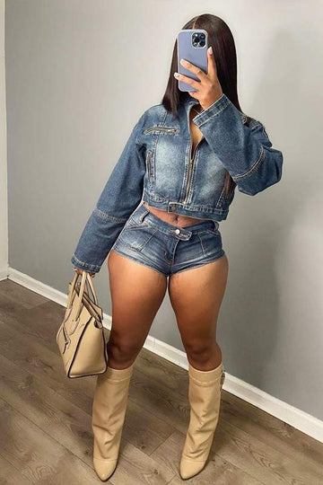 DENIM ZIP UP JACKET AND SHORTS SET