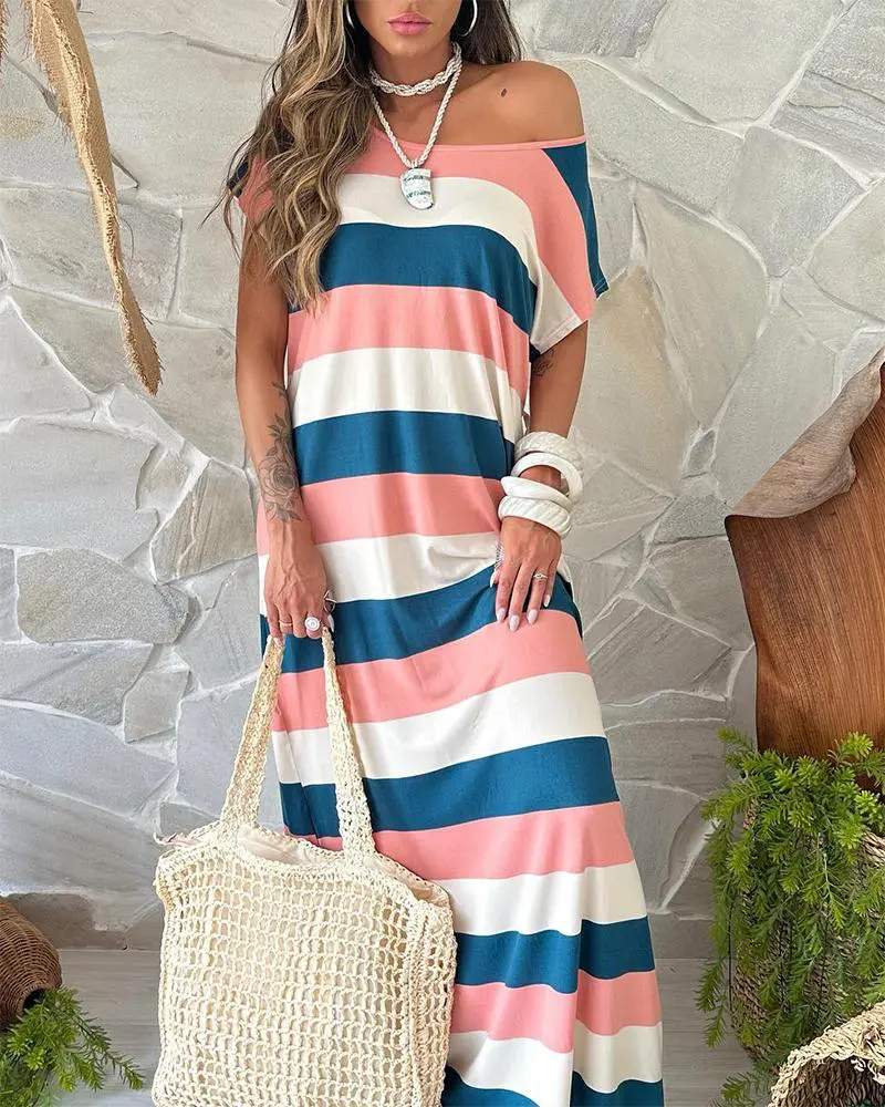 STRIPED COLORBLOCK SHORT SLEEVE MAXI DRESS