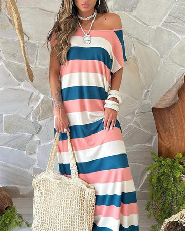 STRIPED COLORBLOCK SHORT SLEEVE MAXI DRESS