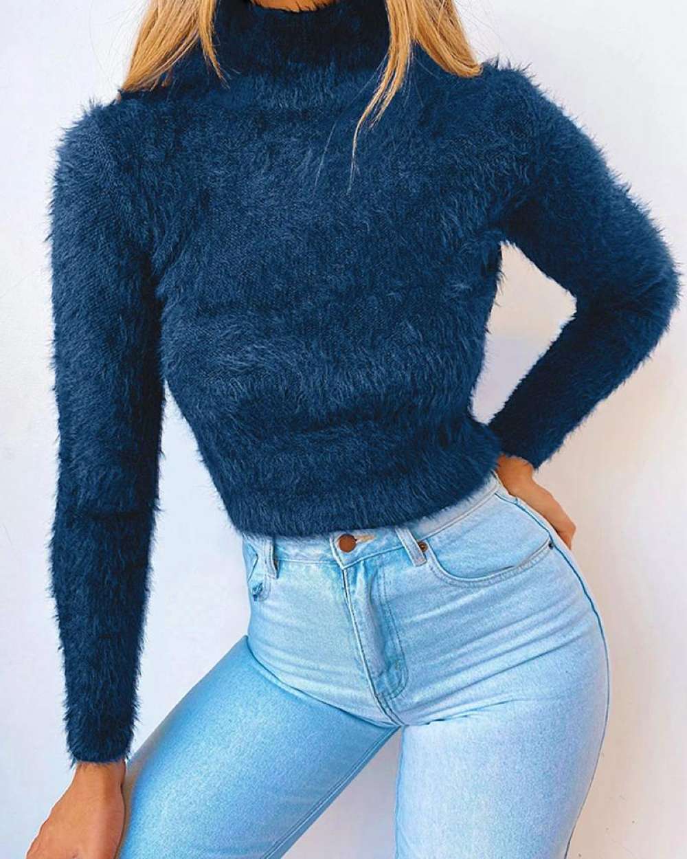 High Neck Solid Fluffy Long Sleeve Sweater