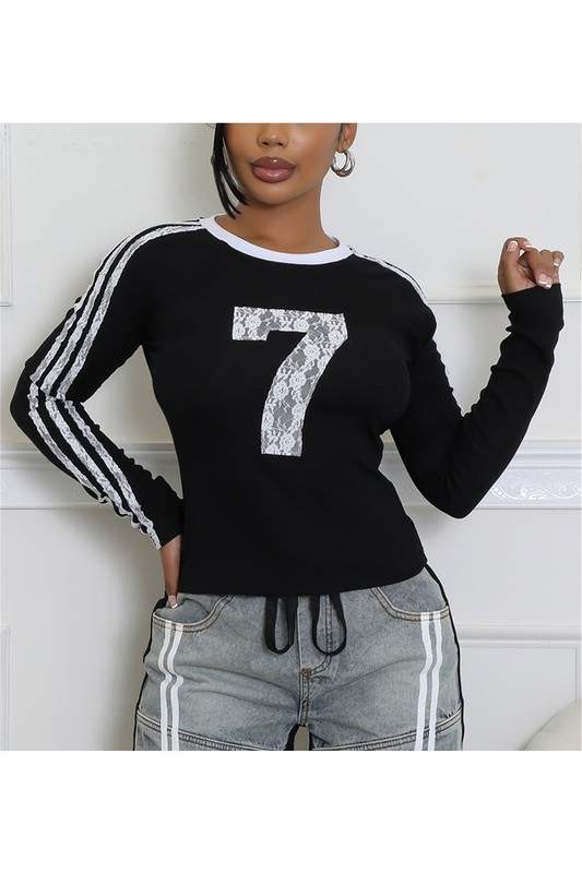 NUMBER PRINT FITTED LONG SLEEVE TOP