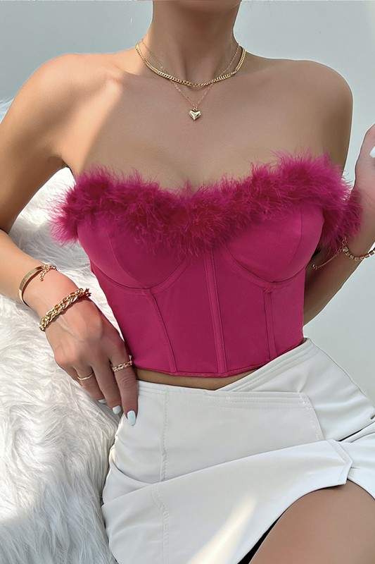 FURRY TRIM TUBE CORSET TOP