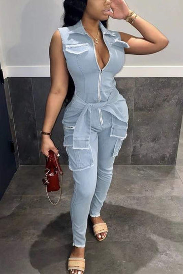 DENIM POCKET BELTED JUMPSUIT