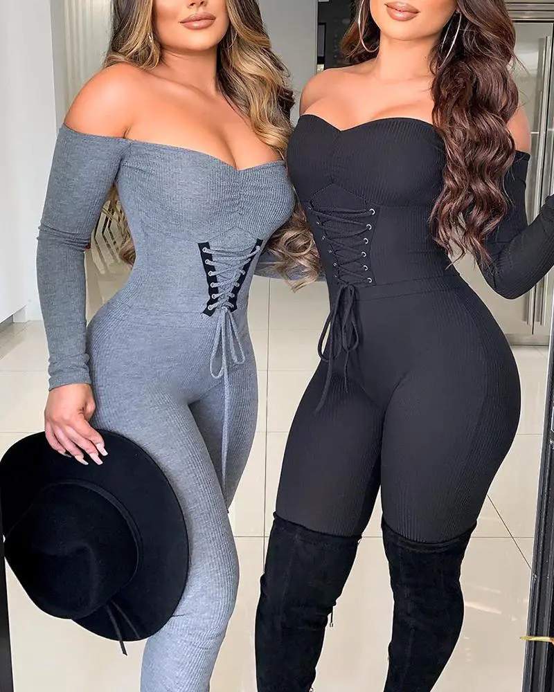 OFF SHOULDER EYELET LACE UP PLAIN JUMPSUIT