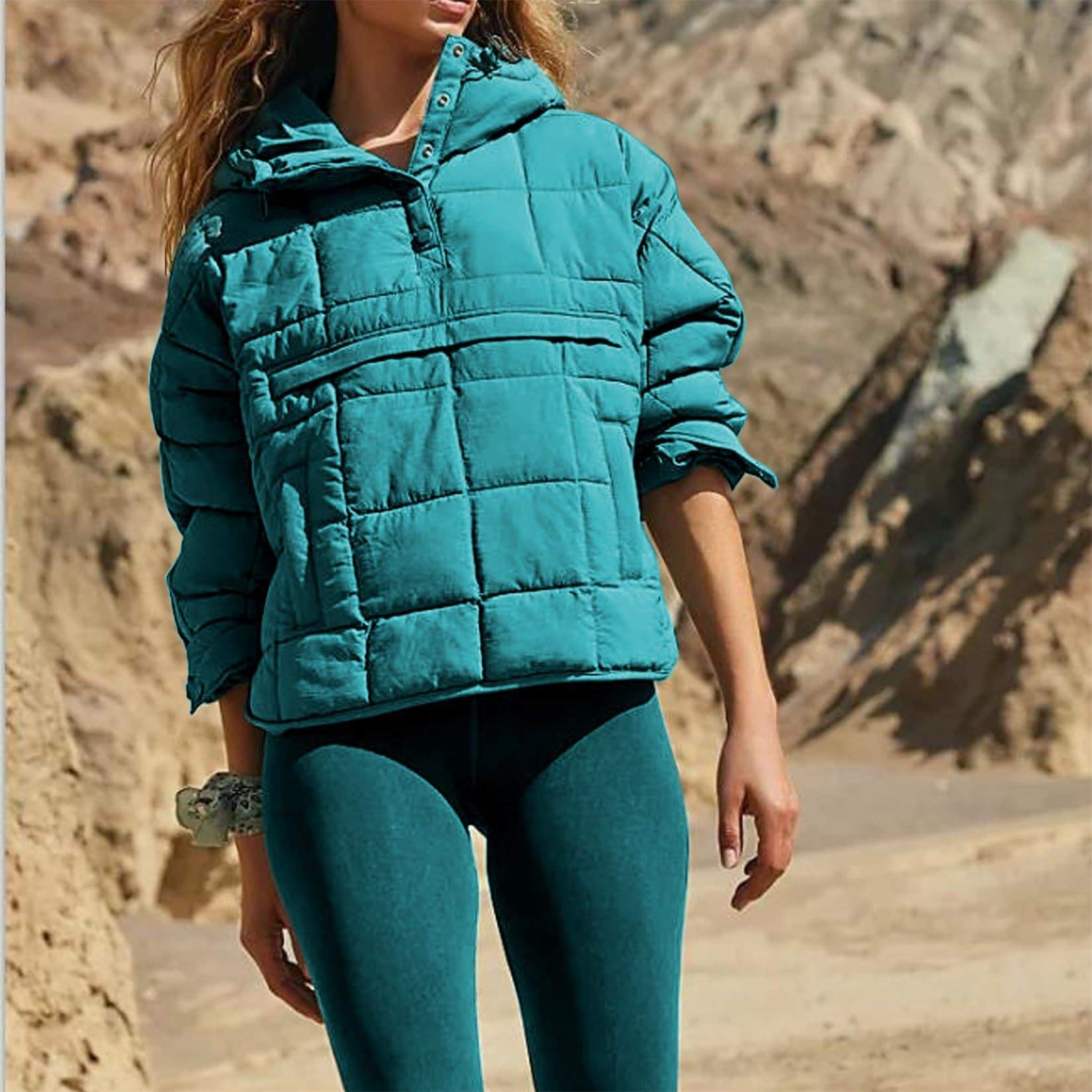 SOLID COLOR HOODED COTTON PADDED FOLDABLE PADDED PULLOVER POCKET LONG SLEEVE COAT FOR WOMEN