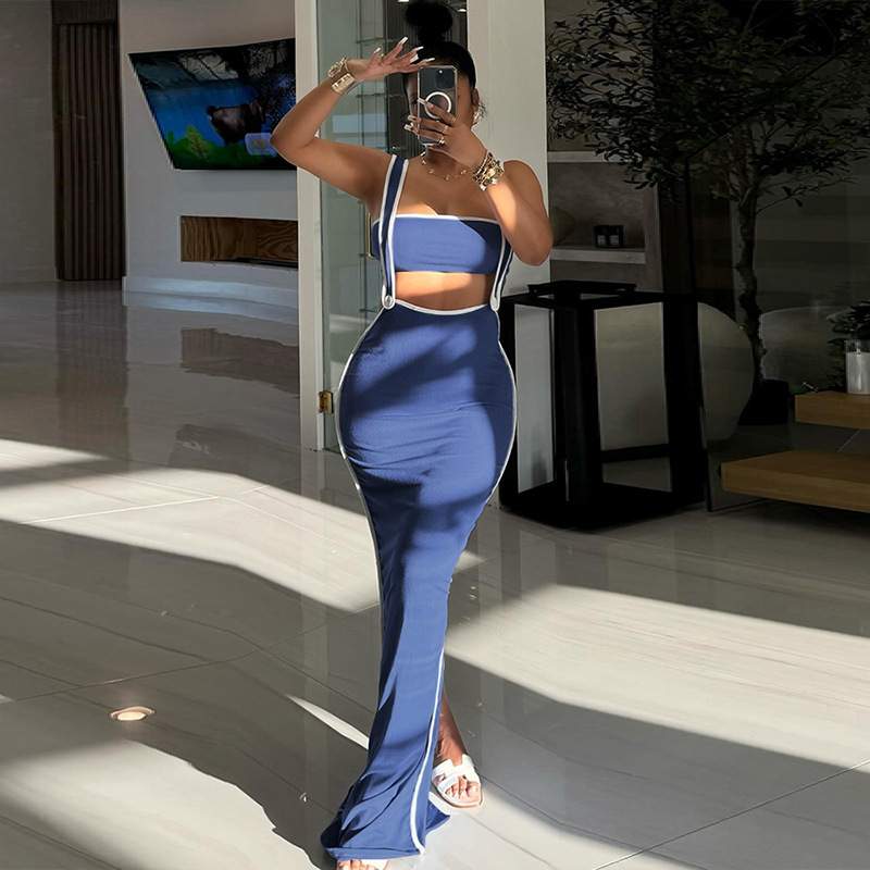 SEXY STRAP TUBE CUT OUT OPEN BELLY SLIM LONG DRESS