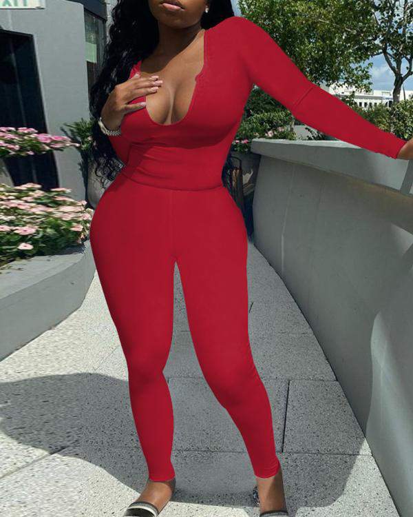 NEW Plunge Long Sleeve Top High Waist Pants Set
