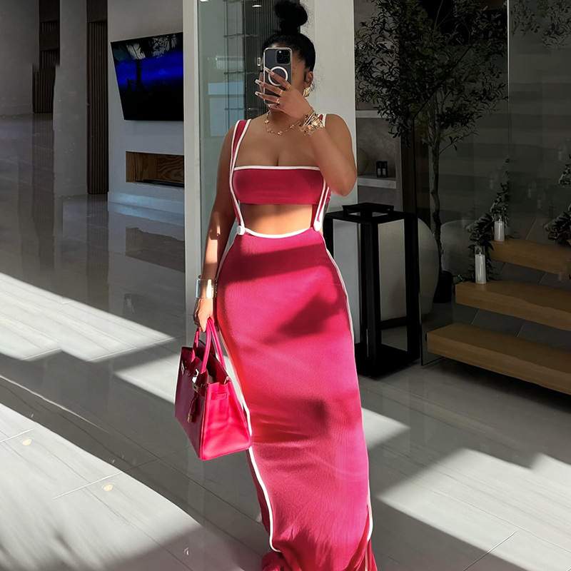 SEXY STRAP TUBE CUT OUT OPEN BELLY SLIM LONG DRESS