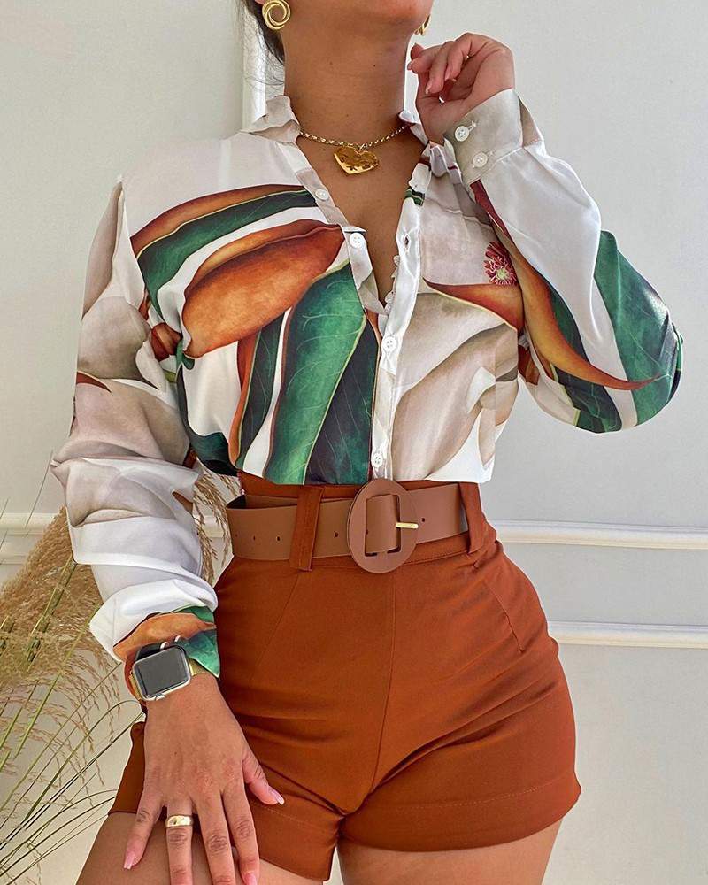 Tropical Print Shirt Plain Shorts Set