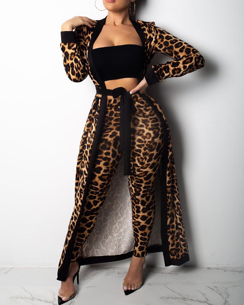 Bandeau Crop Top Cheetah Print Longline Coat High Waist Pants Set