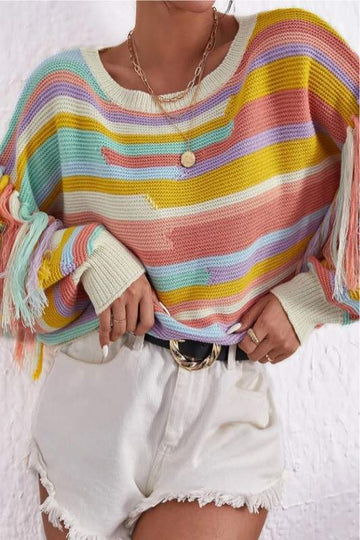 COLOR BLOCK TASSEL TRIM DROP SHOULDER SWEATER