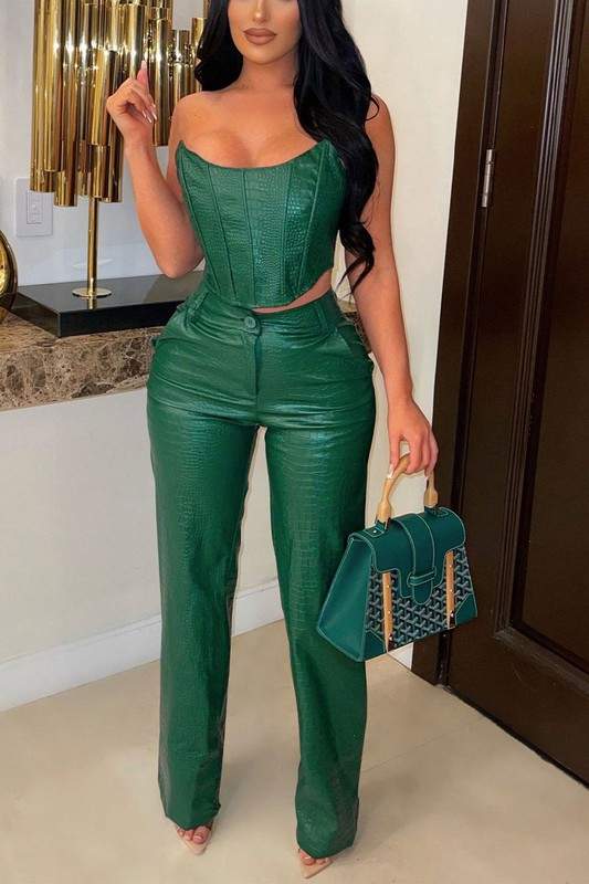 FAUX LEATHER TUBE TOP AND PANTS SET