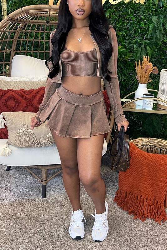 CROPPED TANKS SHIRT PLEATED SKIRT 3 PIECE SETS