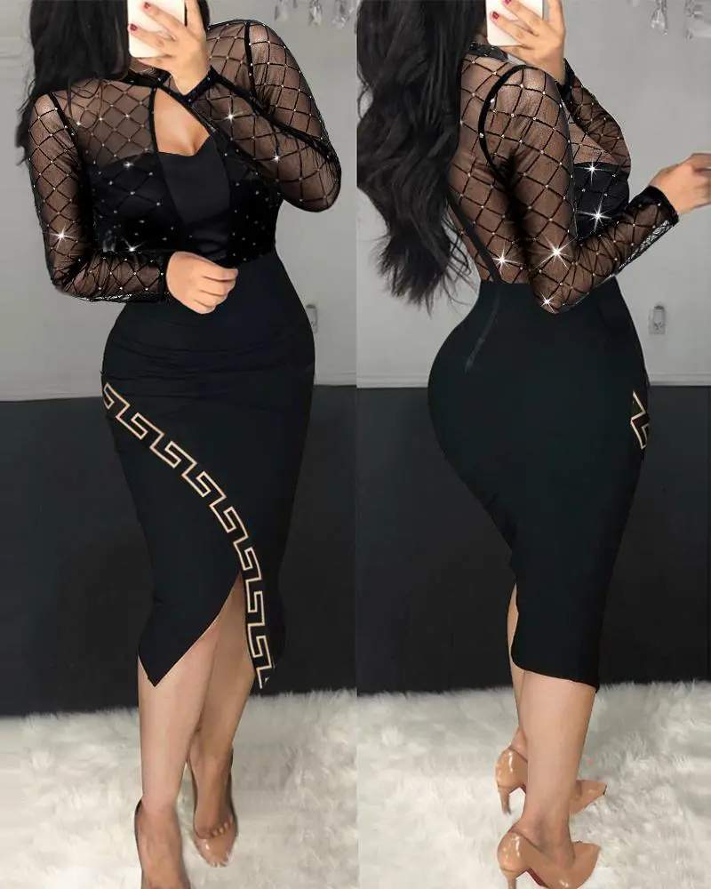 GEOMETRIC PRINT RHINESTONE SHEER MESH MIDI DRESS