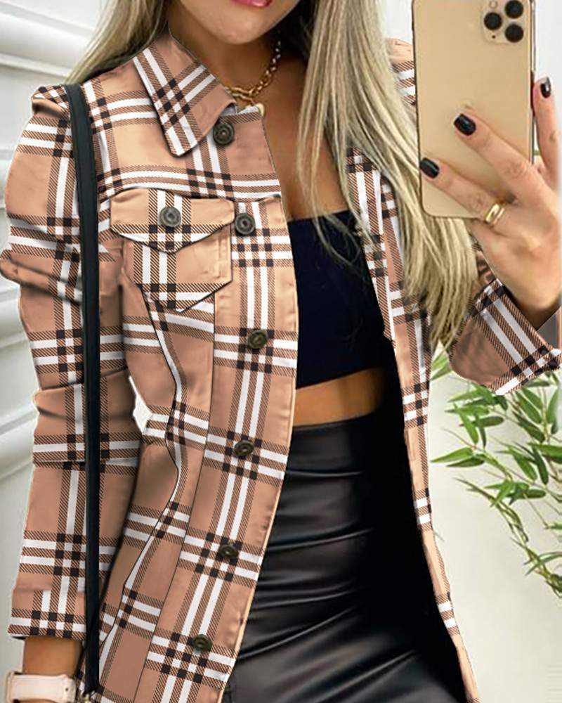 NEW Plaid Print Flap Pocket Buttoned Jacket