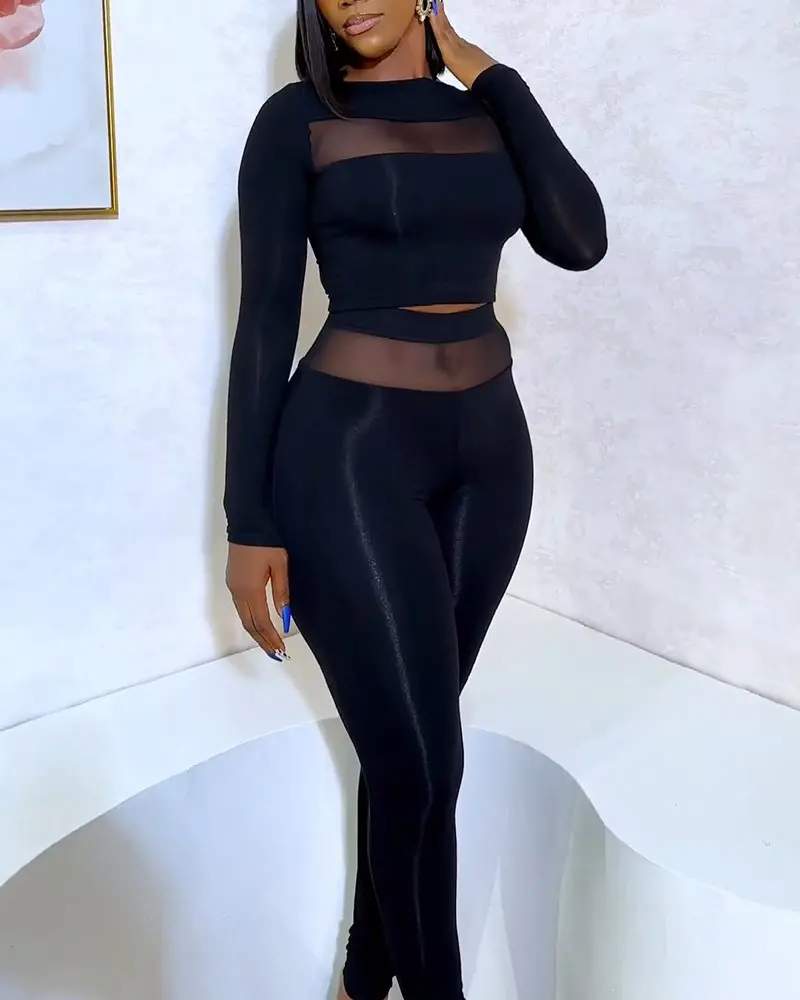 SHEER MESH BOAT NECK CROP TOP PANTS SET